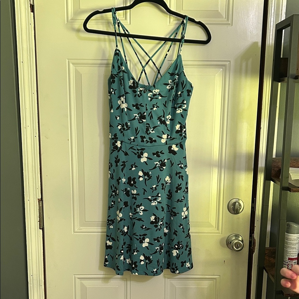 nine britton Teal Floral Midi Dress with Crisscross Straps